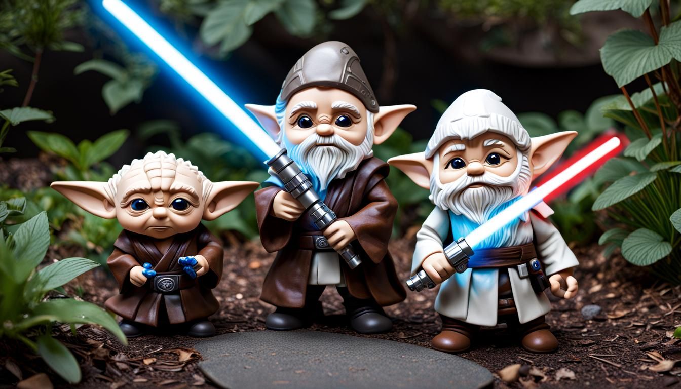Jedi Gnomes with Lightsabers on Millennium Falcon