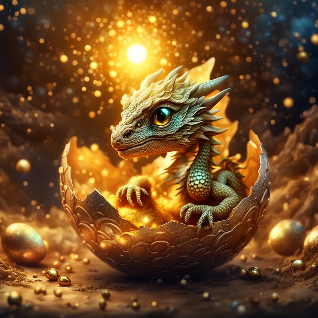 Golden Dragon Hatching from Galaxy Egg