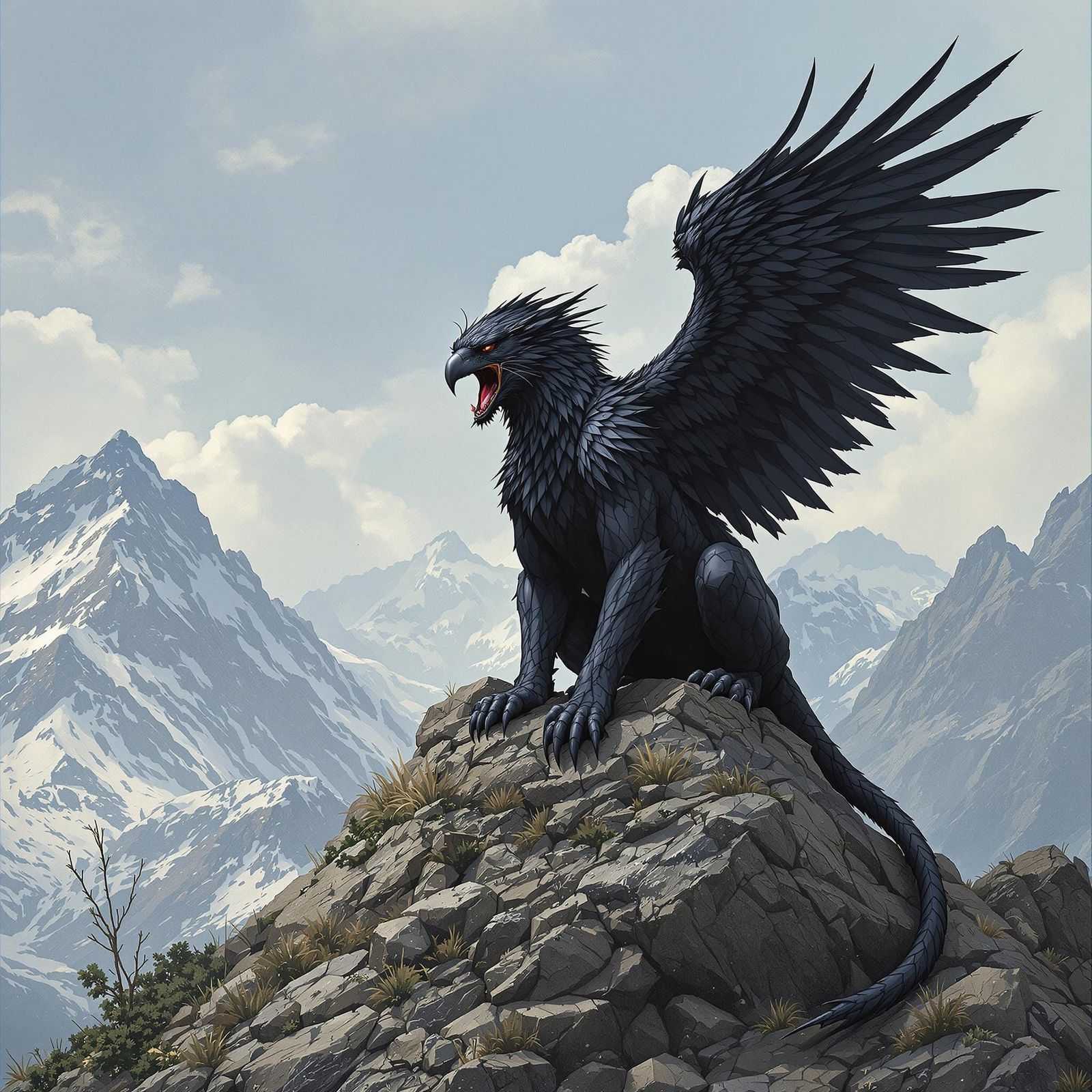 Panther-Raven Hybrid on Mountain Peak