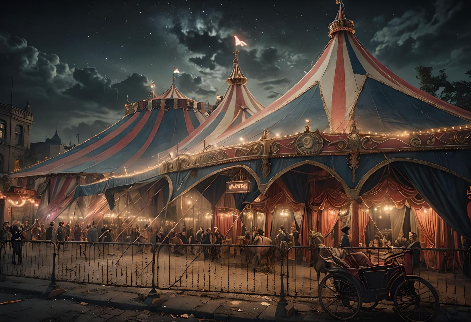 Magic Circus in Urban Landscape at Night