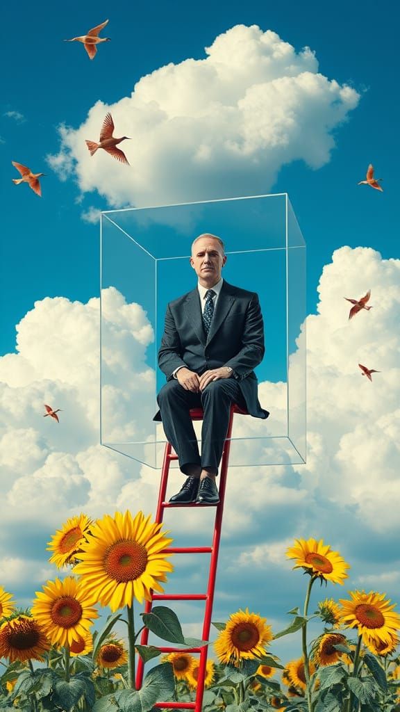 Surreal Floating Cube Scene in Magritte Style