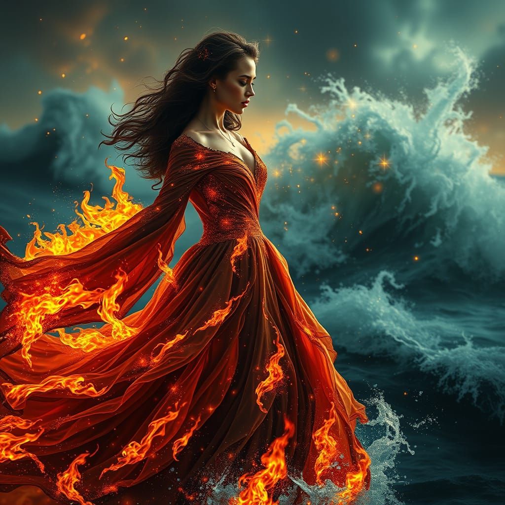 Flame Goddess Emerging from Turbulent Seas in Hyper-Realisti...