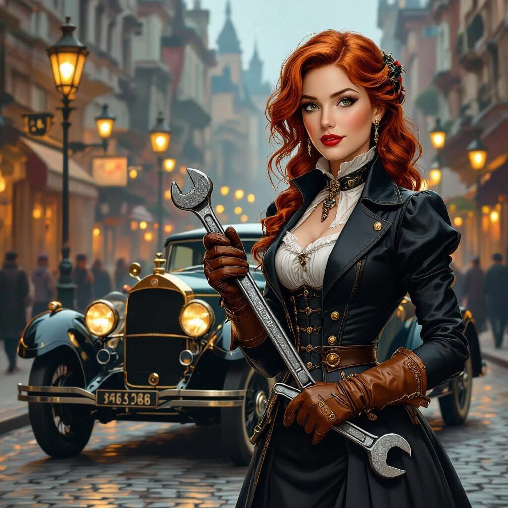 Victorian Lady with Steampunk Automobile, Art Nouveau Style
