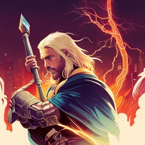 Thor with Luminous Colors and Golden Outlines