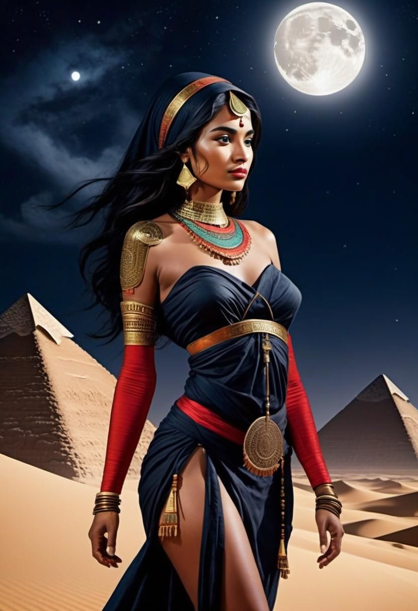 Moonlit Desert Scene with Pyramids and Woman