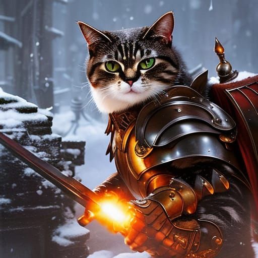 Armored Cat Warrior in Snowy Scene