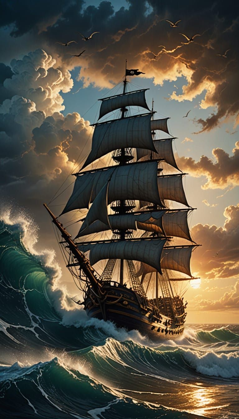 Vibrant Pirate Ship Battles Stormy Seas in Epic Cinematic Oi...