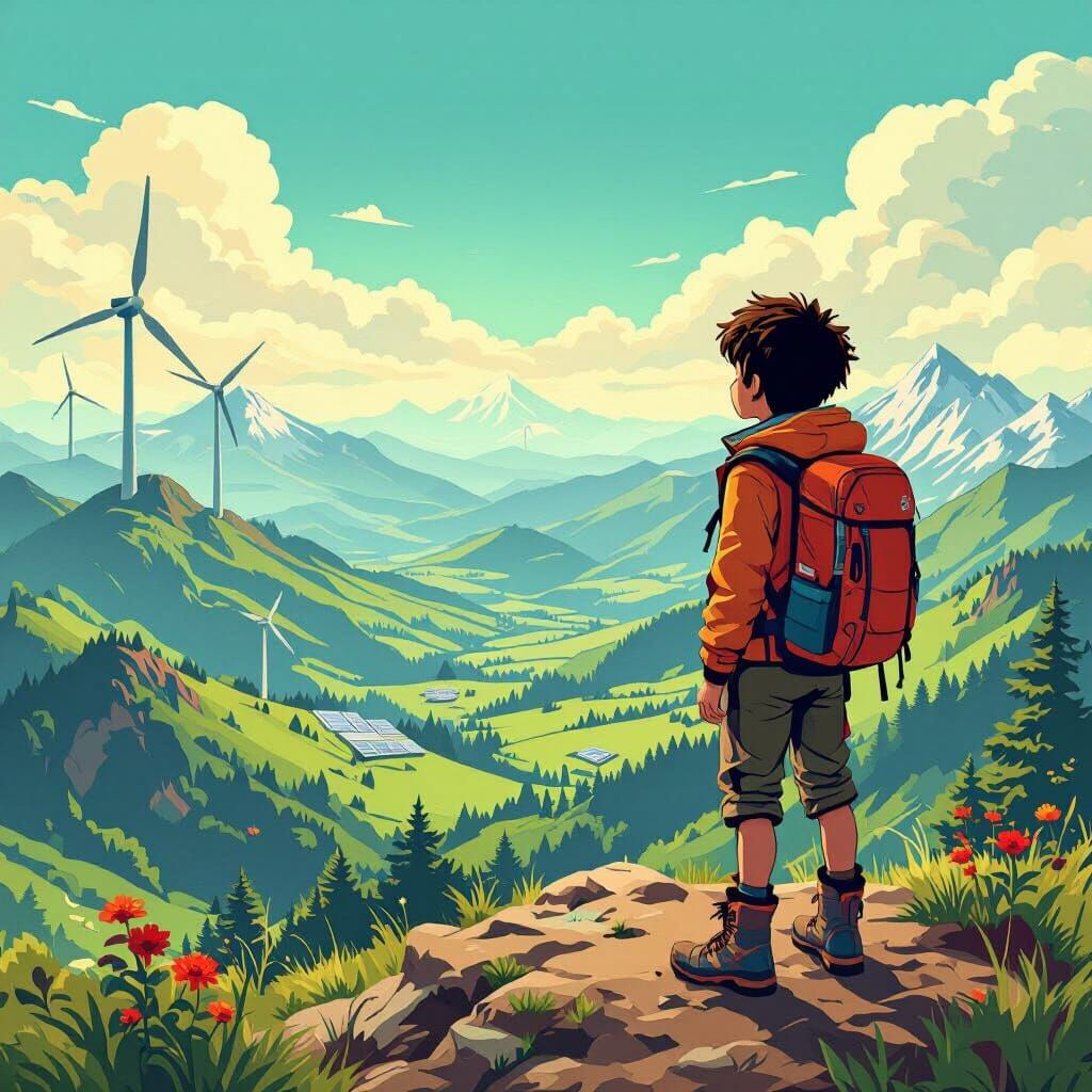 Boy on Mountain Peak Overlooking Green Landscape