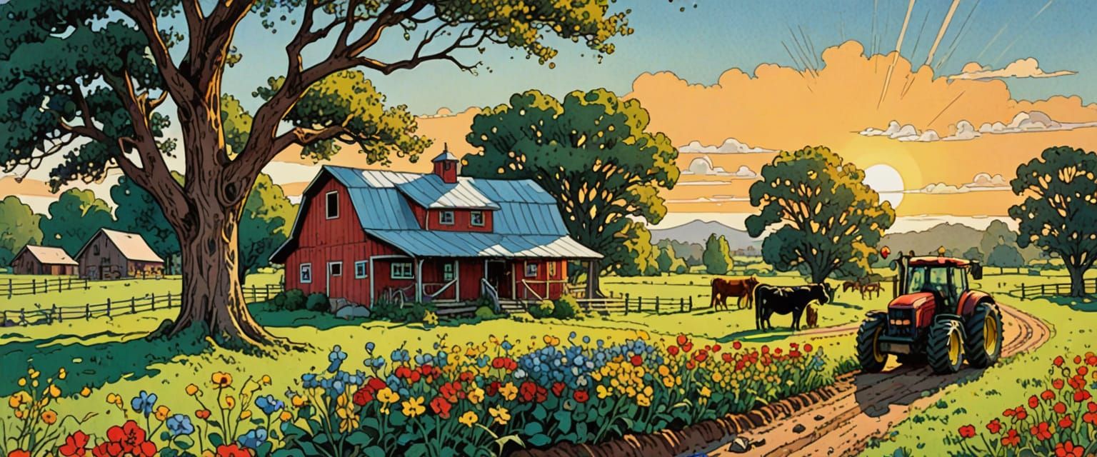 Farm Scene in Retro Comic Style With Animals and Sunlight