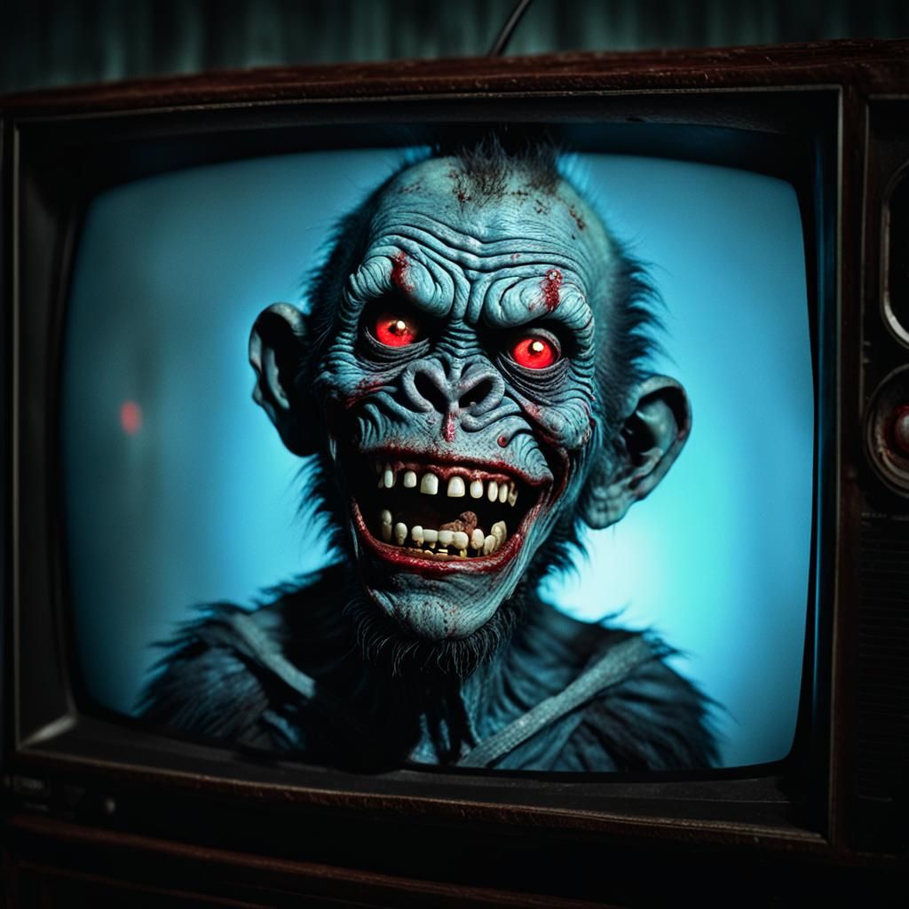 Grotesque Zombie Monkey Clown on TV Screen
