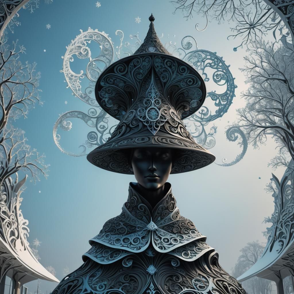 Abstract Fractal Black Hat Statue in Winter Square