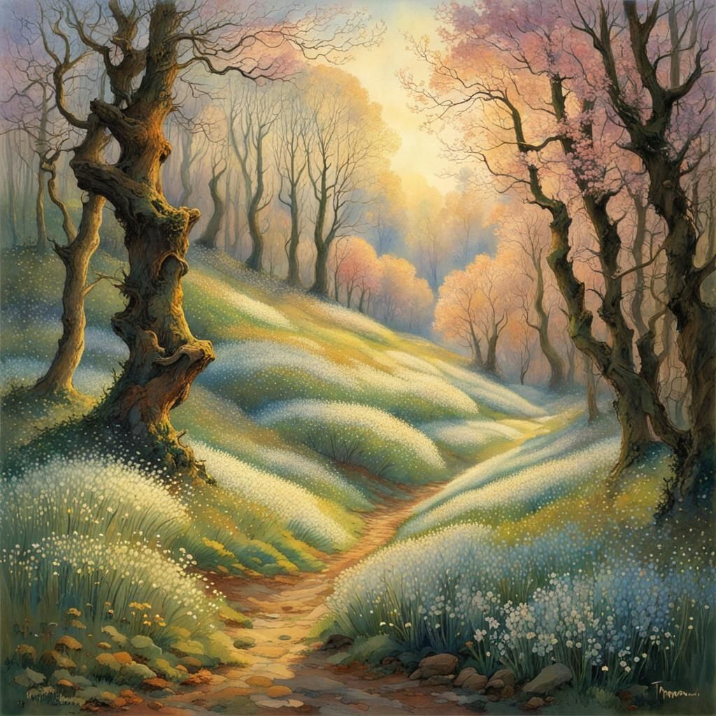 Spring Forest Watercolor Painting with Flowers and Snow