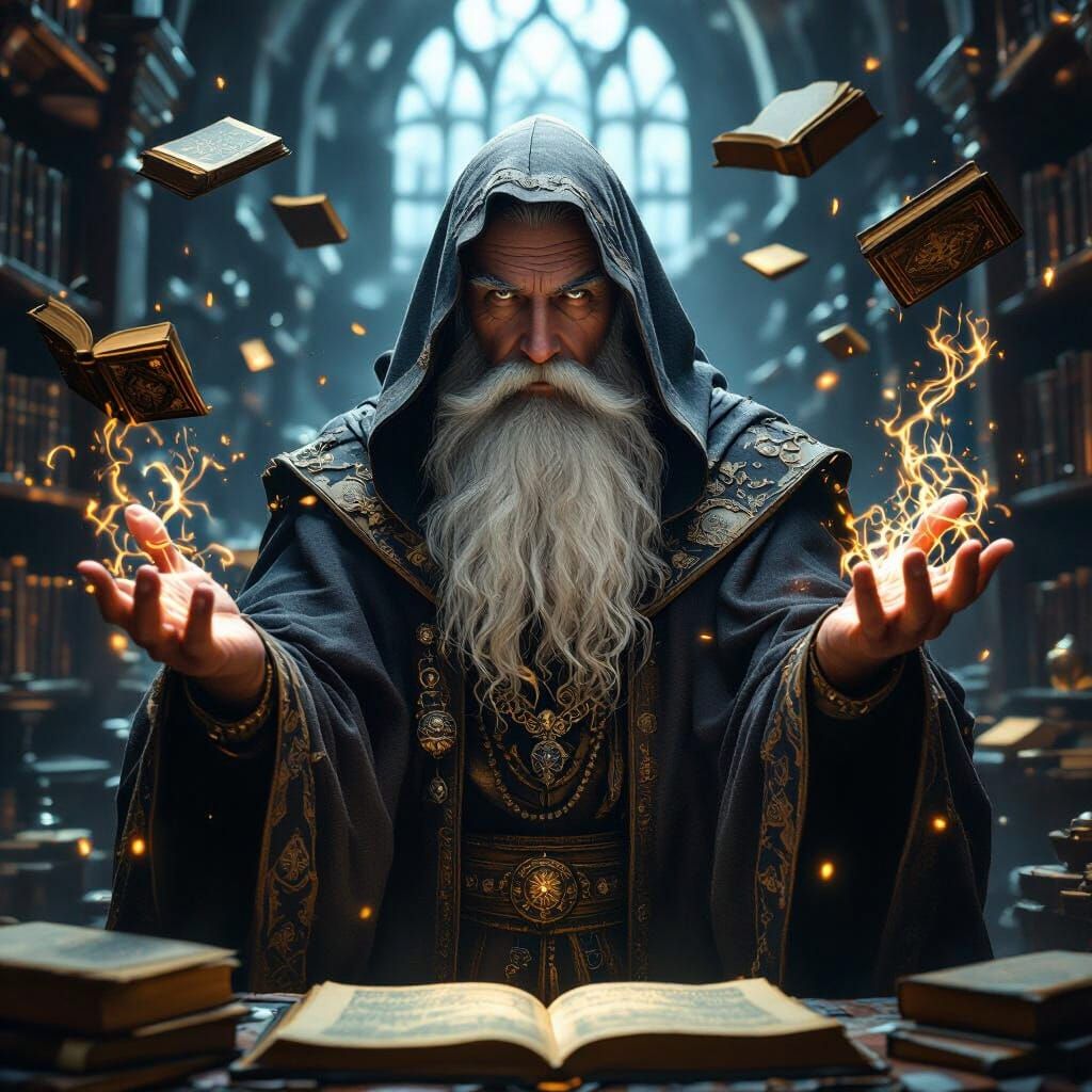 Powerful Wizard in Arcane Library, Rembrandt Lighting