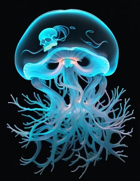 Glowing Skull Jellyfish in Dark Coral Reef
