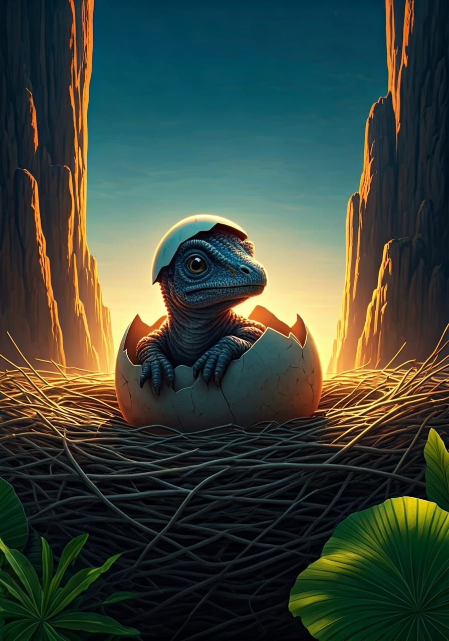 Winged Pterodactyl Hatching in Jurassic Nest