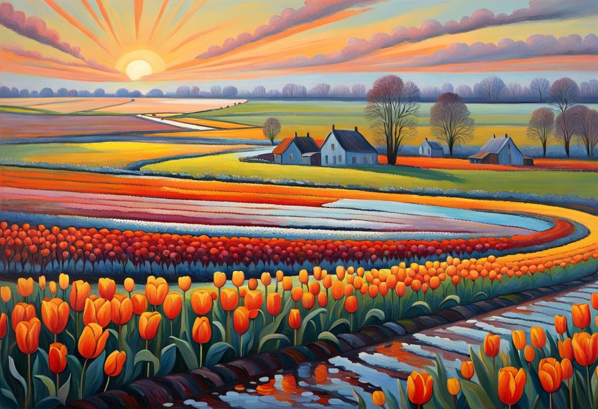 Impressionist Spring Landscape with Vibrant Tulips and Windi...