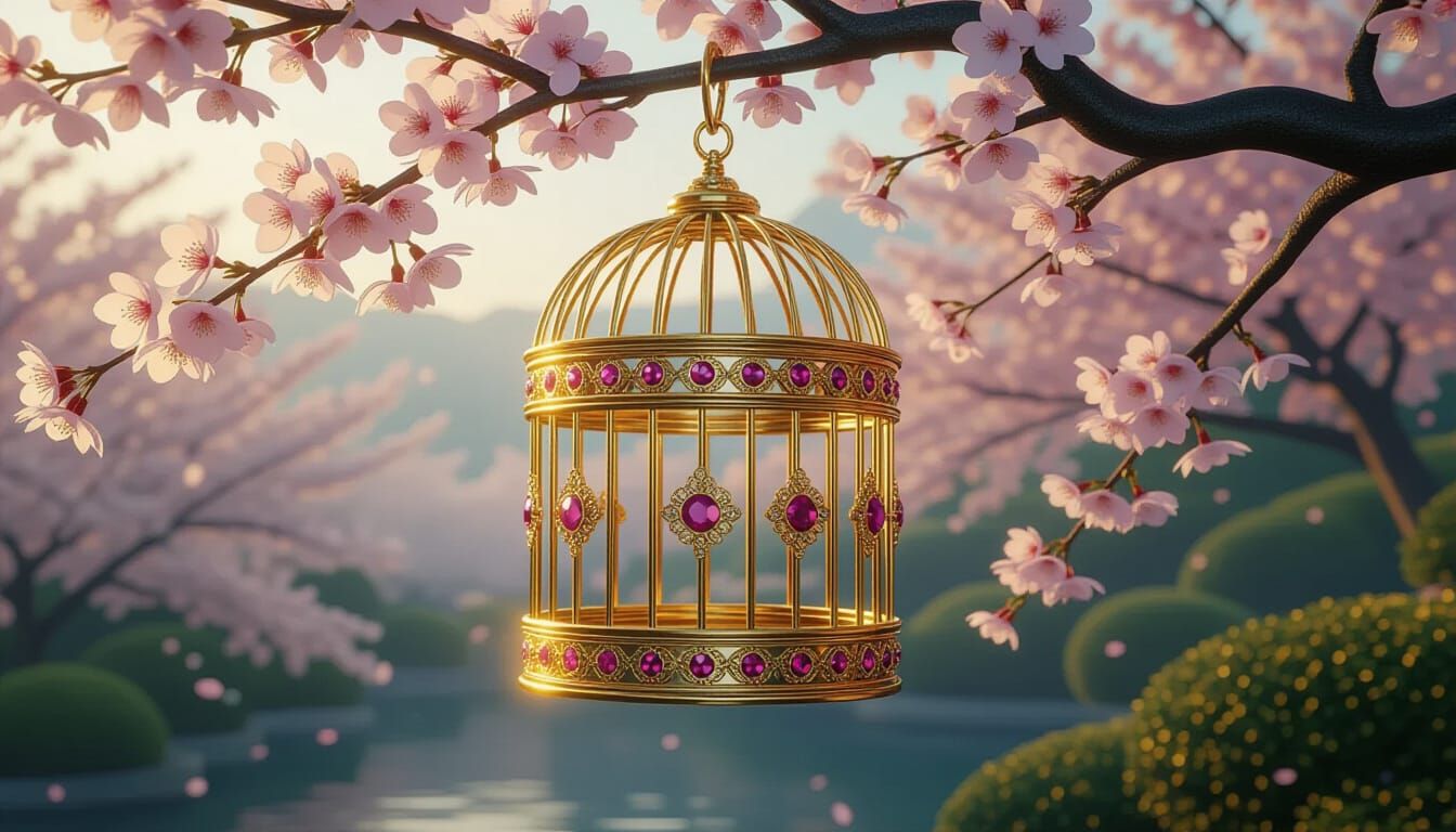 Gilded Birdcage with Gems on Cherry Tree