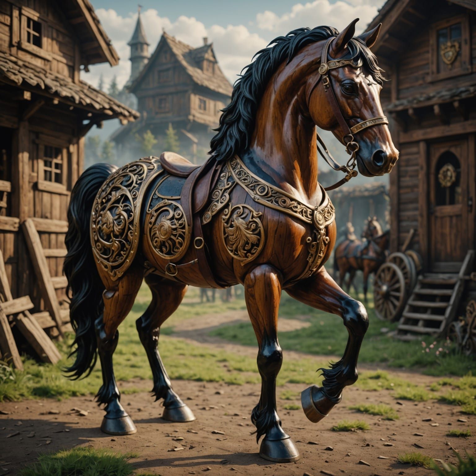 Epic Digital Painting of a Grand Wooden Horse Toy
