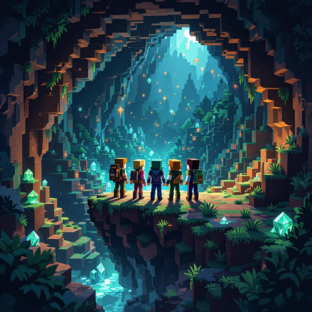 Minecraft Characters on Cliff Edge Overlooking Gemstone Cave