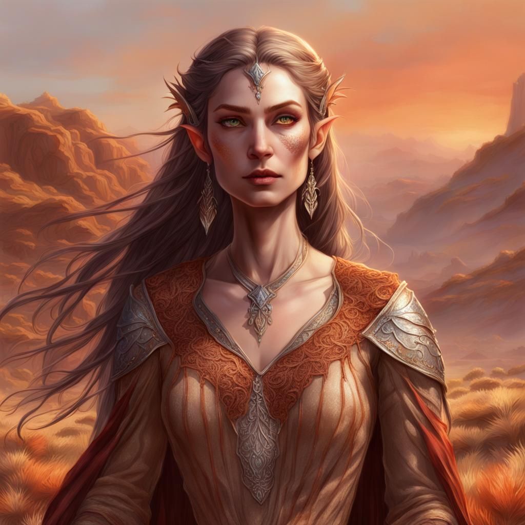 Elf with Crimson Gown in Winter Canyon