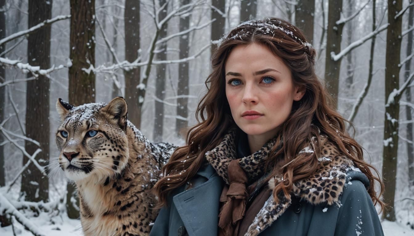 Woman with Snow Panther in Winter Forest