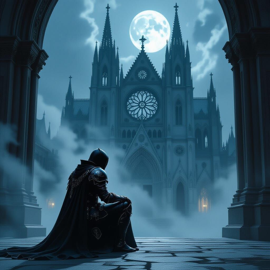 Spectral Knight Kneeling Before Gothic Cathedral