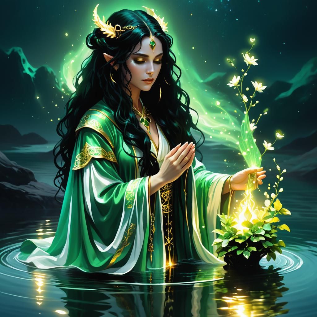 Ethereal Tiefling Priestess in Emerald Green and Gold