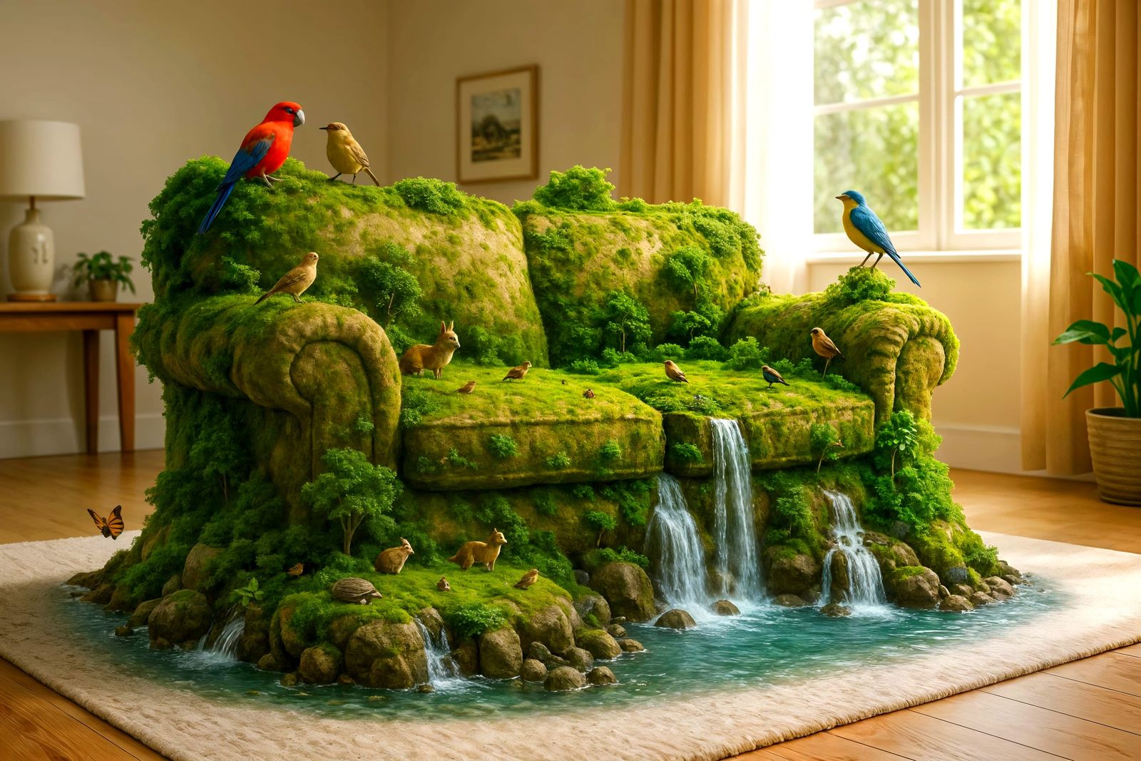 Hyperrealistic Sofa Island Retreat in Bright Room