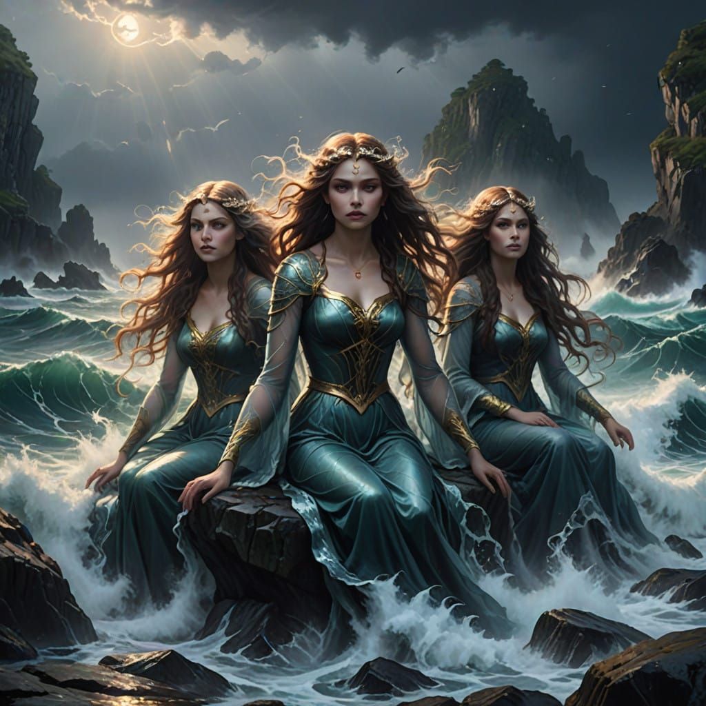 Ethereal Sirens in a Stormy Sea, Shimmering with an Otherwor...