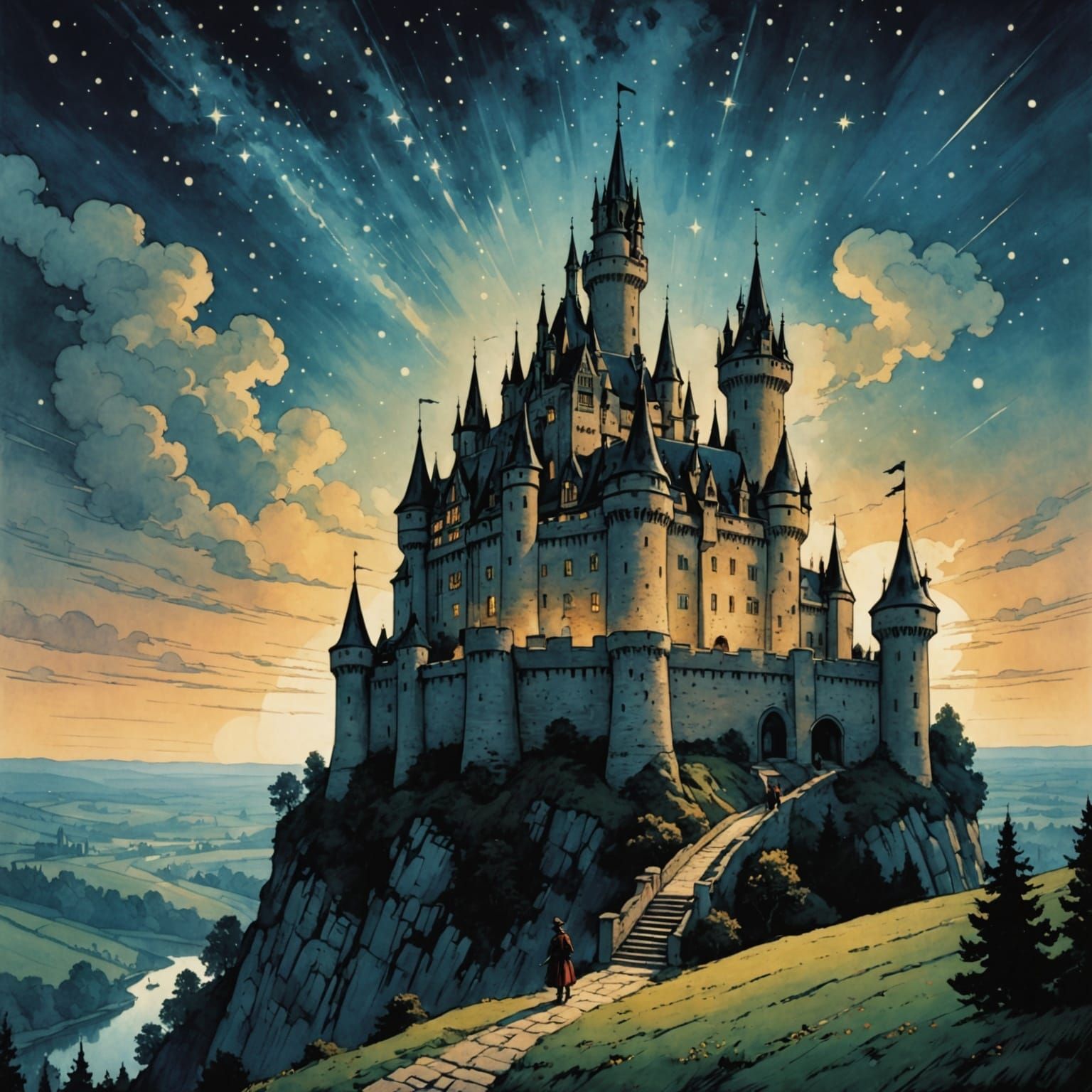Fairytale Castle Under Starry Sky, Golden Age Illustration