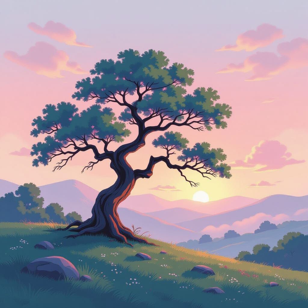 Ancient Tree on Misty Hill at Dawn in Watercolor Style
