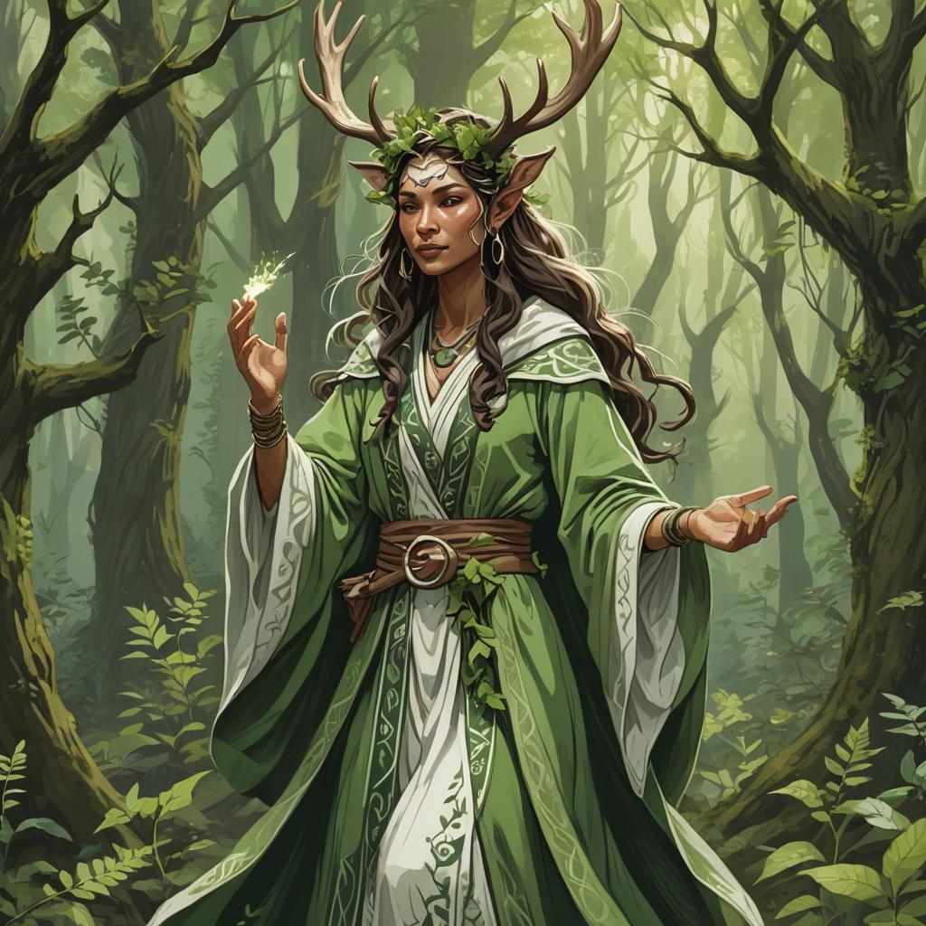 Female Druid Casting Spell in Fantasy Forest
