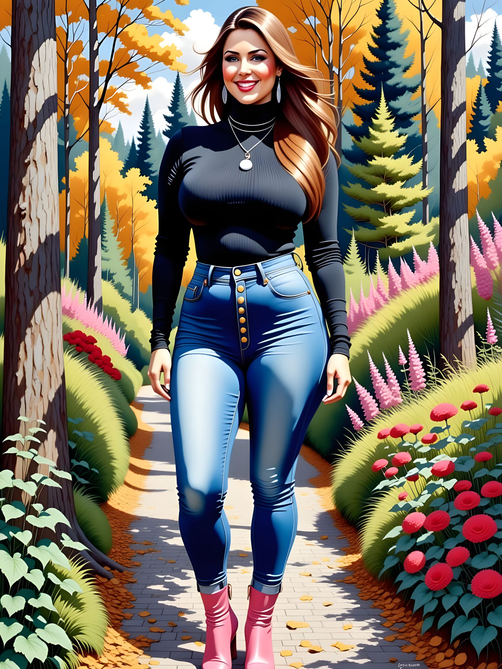 Woman in Denim & Pink Boots in a Garden