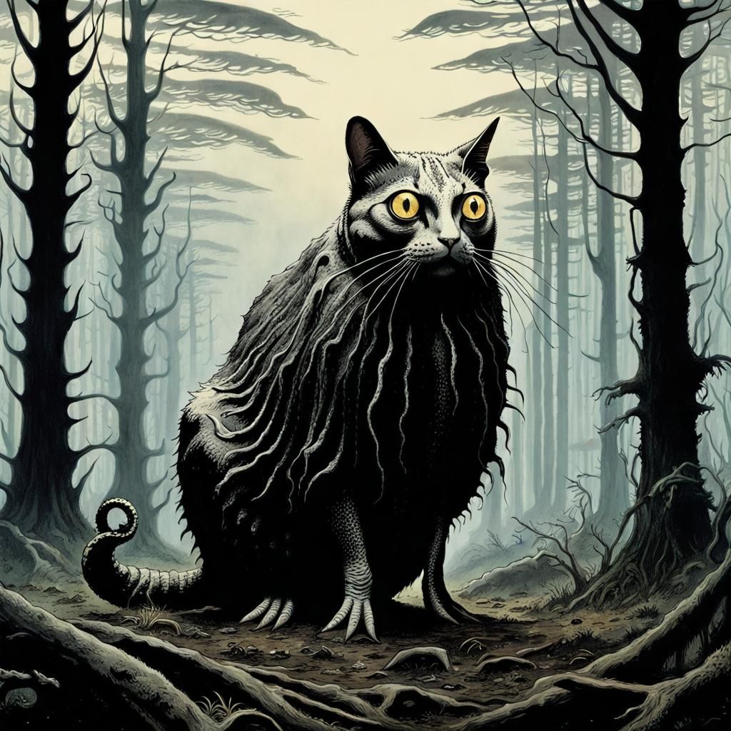 Biopunk Cuttlefish in Gothic Sci-Fi Cat Forest