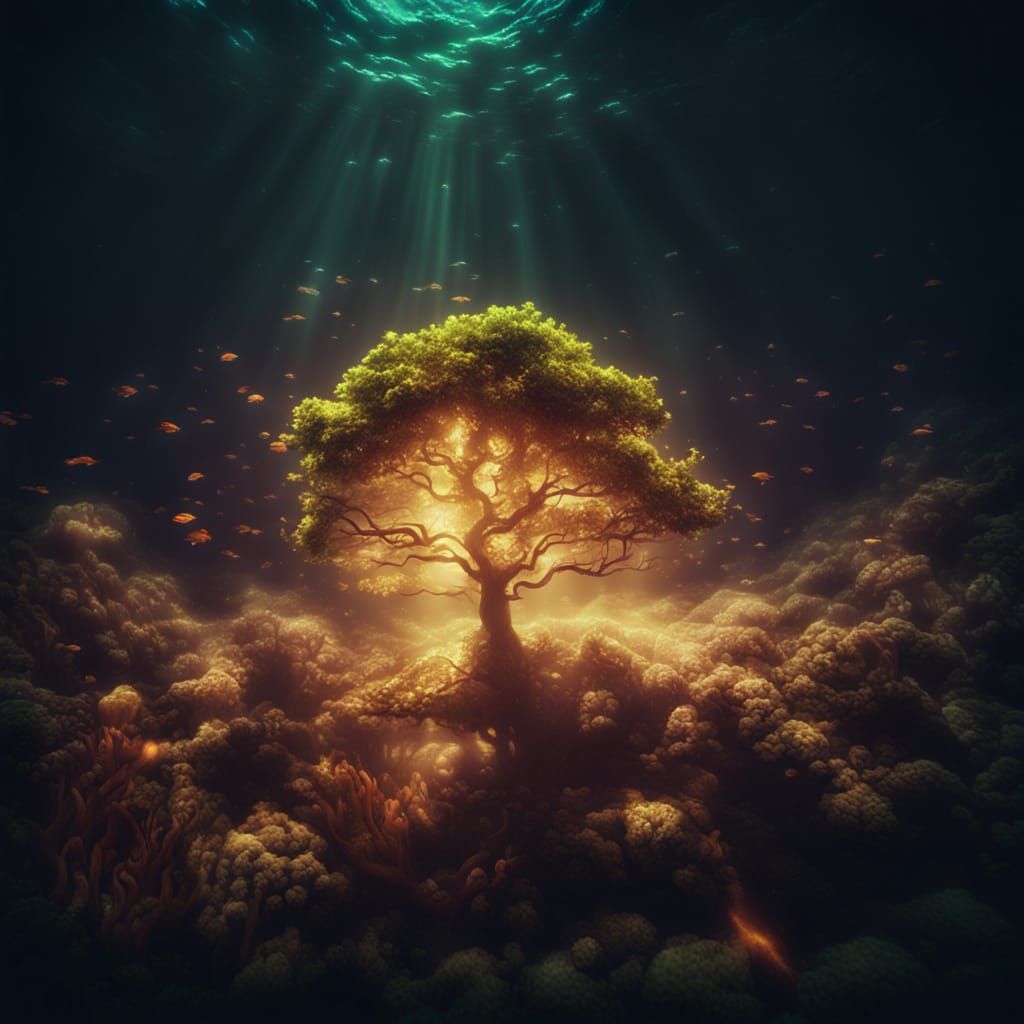 Epic Glowing Ocean Tree Cinematic Film Still