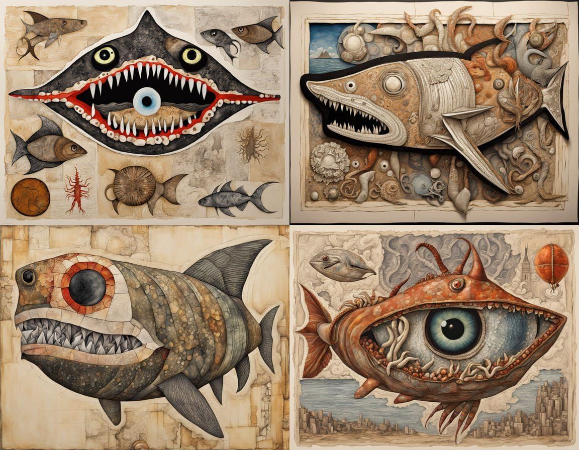 Surreal Mutant Sea Creature in Mixed Media Collage