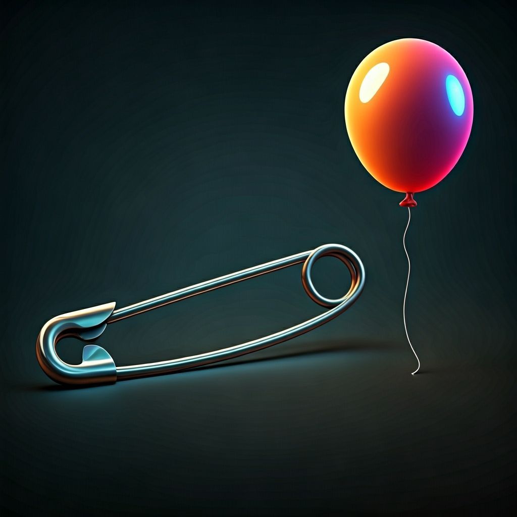 Giant Safety Pin Beside Vibrant Balloon in Futuristic Style