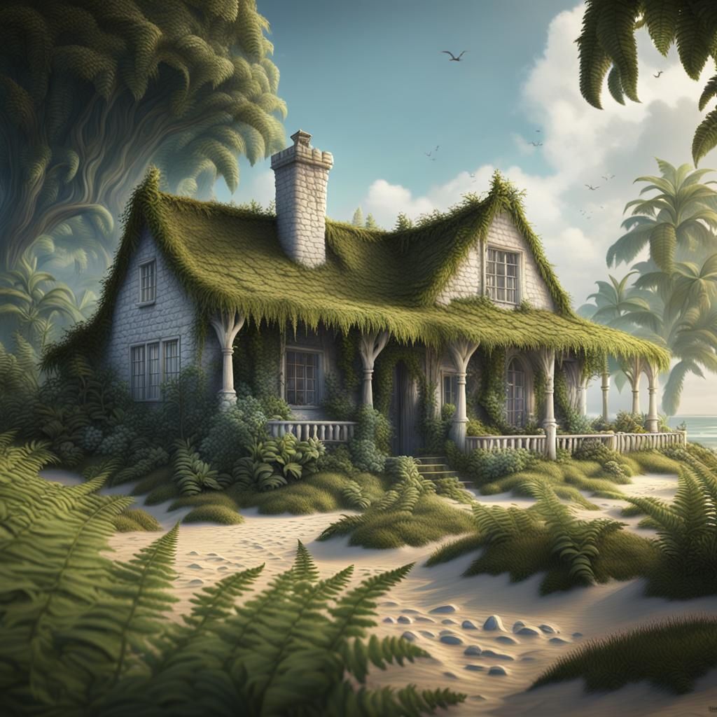 White Cottage with Fern Garden, Matte Painting
