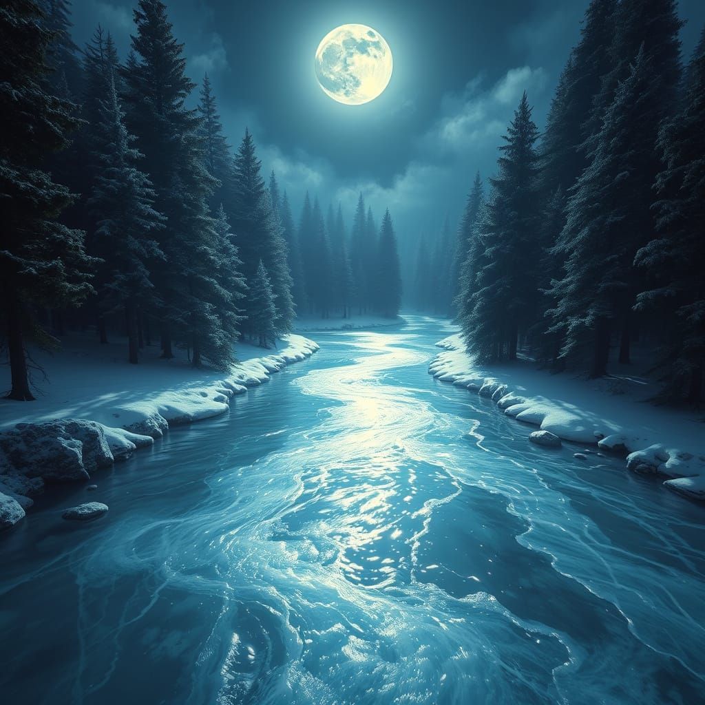 Ethereal Platinum River Under Moonlight