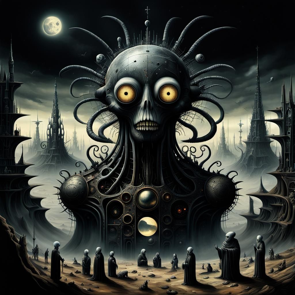 grotesque bio-mechanical beings float over a dystopian and t...