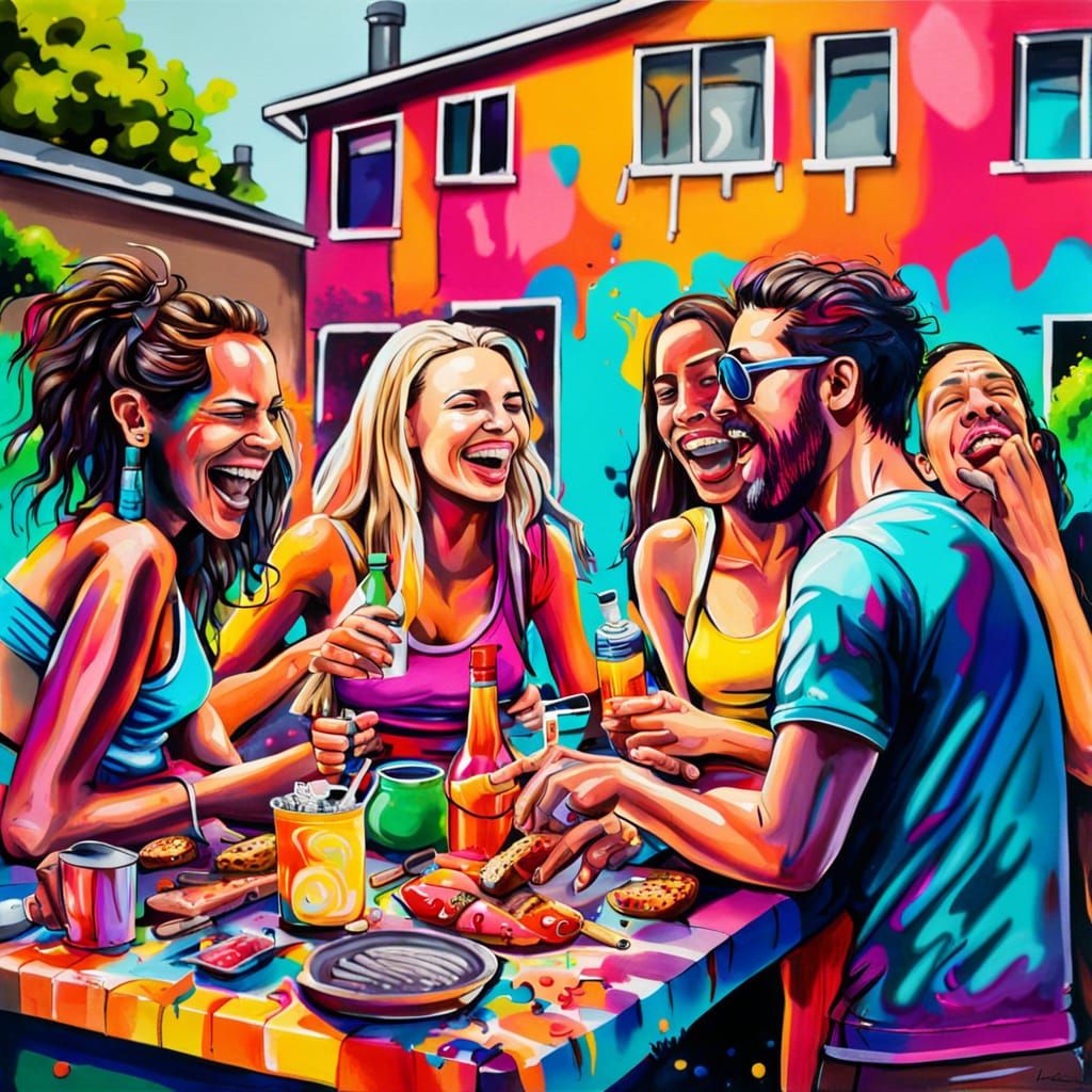 Friends Enjoying BBQ in Colorful Graffiti Style