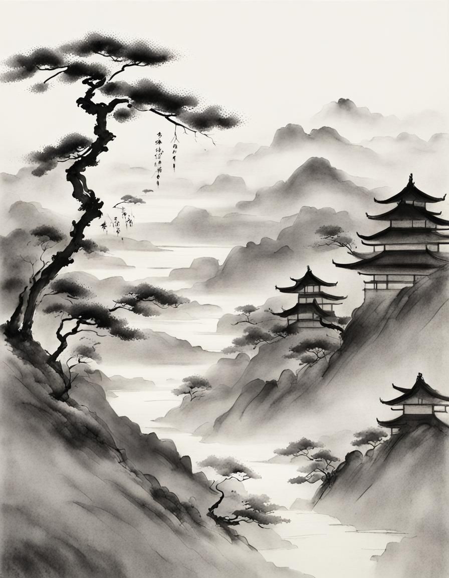 Landscape, Japanese Ink painting, Sumi-e