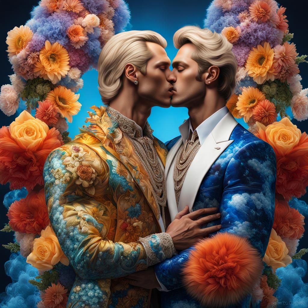 Hyperreal Kissing Men in Luminous Floral Jackets