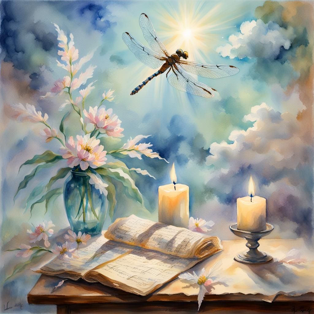 Dragonfly Over Ancient Script: Impressionist Watercolor