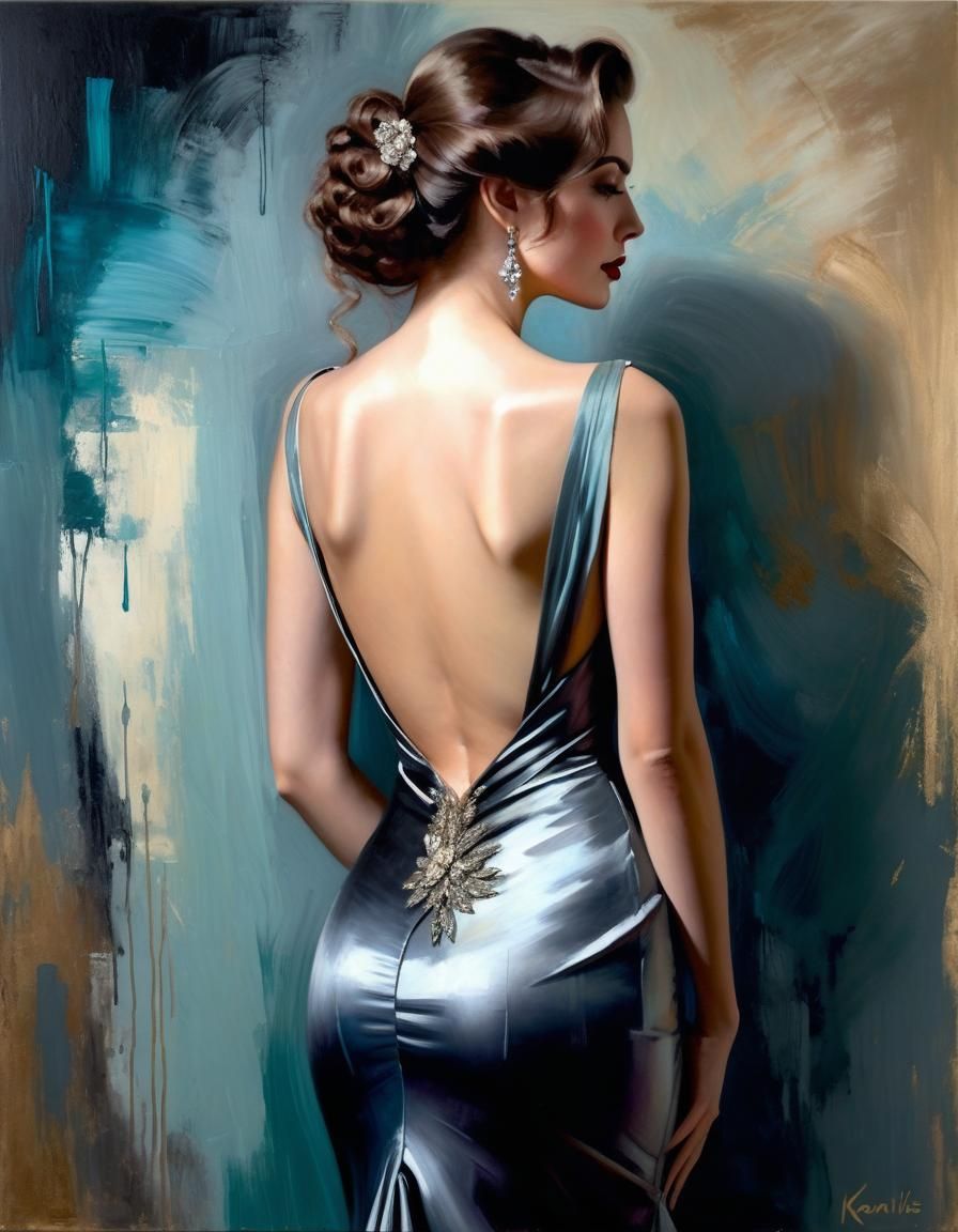 Elegant Woman in Backless Gown, Impasto Oil Painting