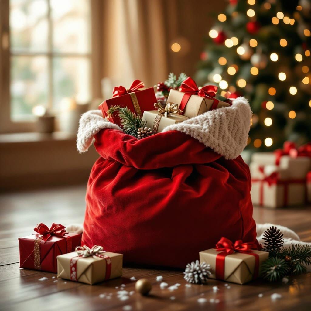 Christmas Gifts Spill From Red Sack: Cinematic Film Still