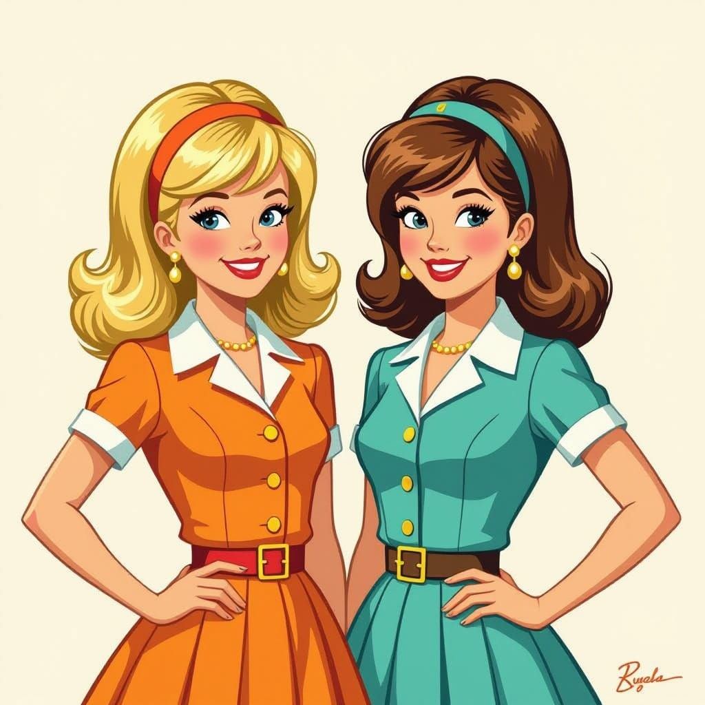 Identical Cousins Patty and Cathy Lane in 1960s Mod Outfits