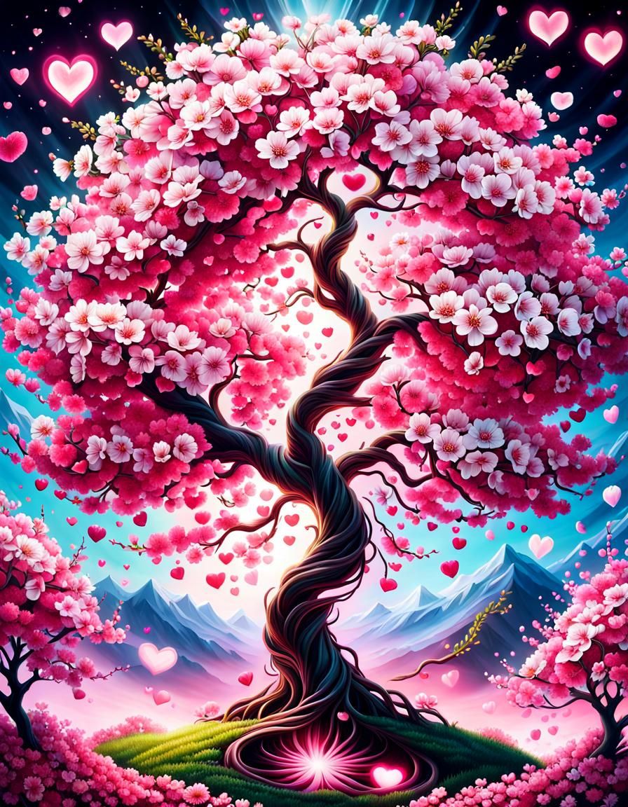 Surreal Cherry Blossom Tree of Hearts