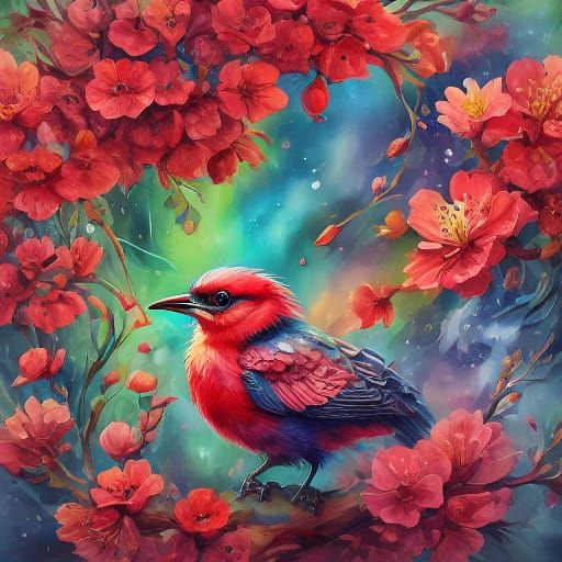 Red Ibis Amidst Glowing Tropical Flowers