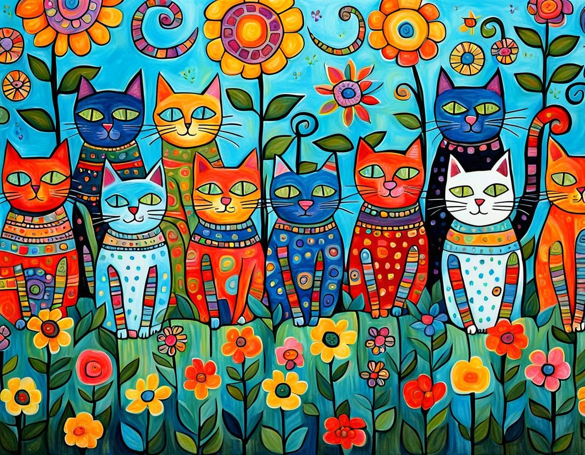 Cats in Garden: Naive Art Illustration